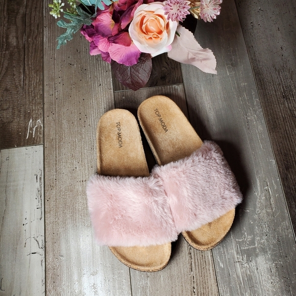 Top Moda Pink Faux Fur Slip-On Slide Sandals Women's Size 8 NEW - Picture 6 of 14